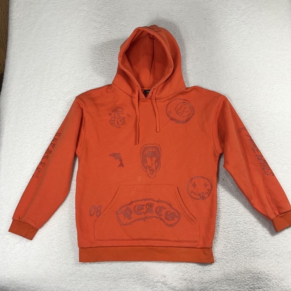 Pink Dolphin Hoodie Medium Pullover Hooded Men's Sweatshirt Orange All Over